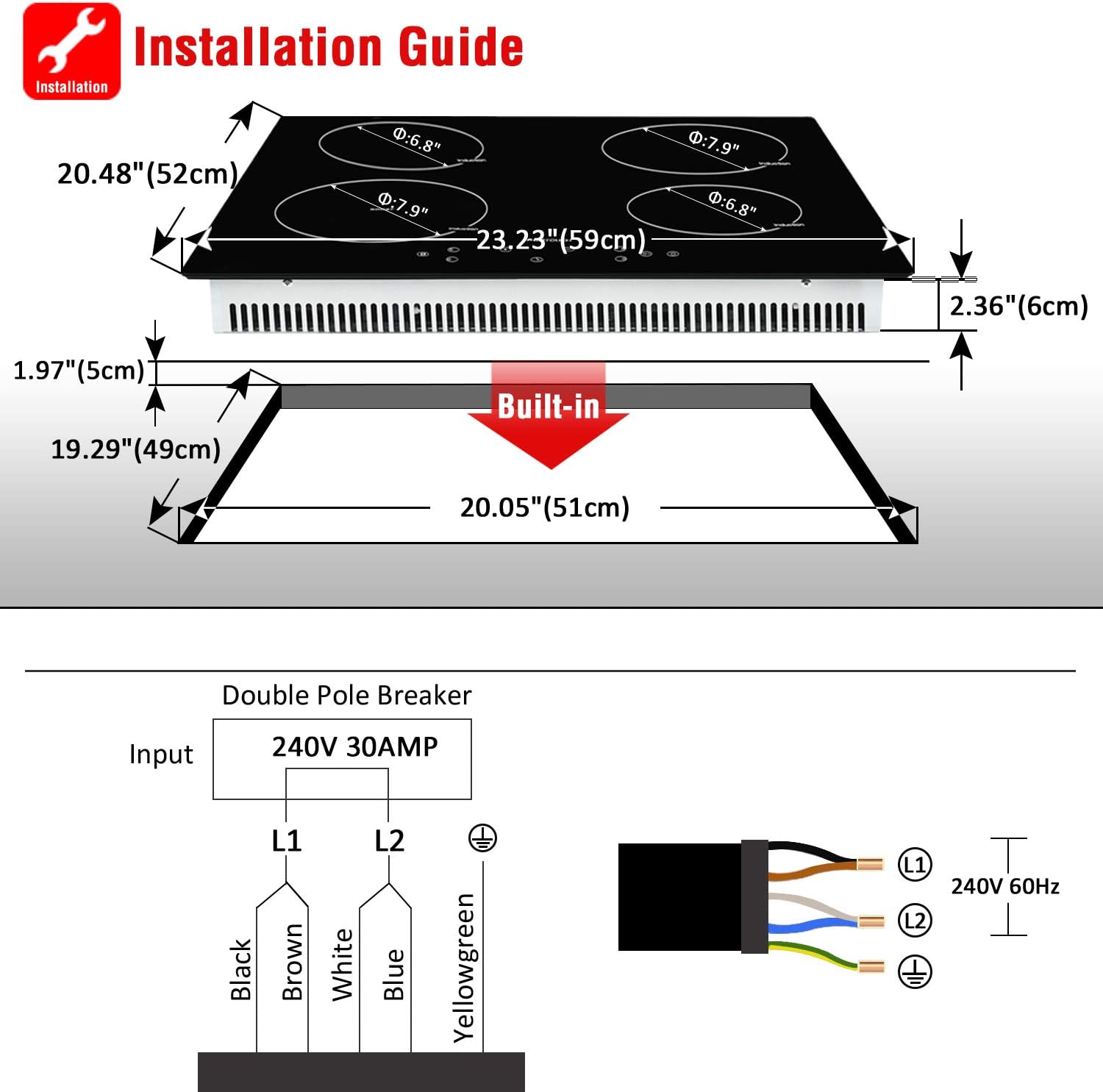 Installation guide diagram for ECOTOUCH induction cooktop showing product dimensions, cutout dimensions, and electrical wiring diagram for 240V 30AMP connection.