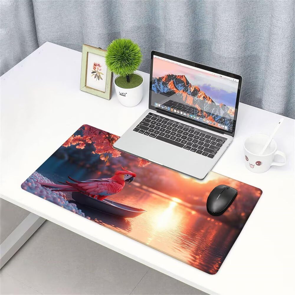 Różowa podkładka pod mysz XXL pod biurko do gier akcesoria do klawiatury podkładka pod mysz rozszerzona papuga szeroka mata do gier 1400 x 600 x 3 mm ochrona na biurko gumowa podstawa, przeszyte