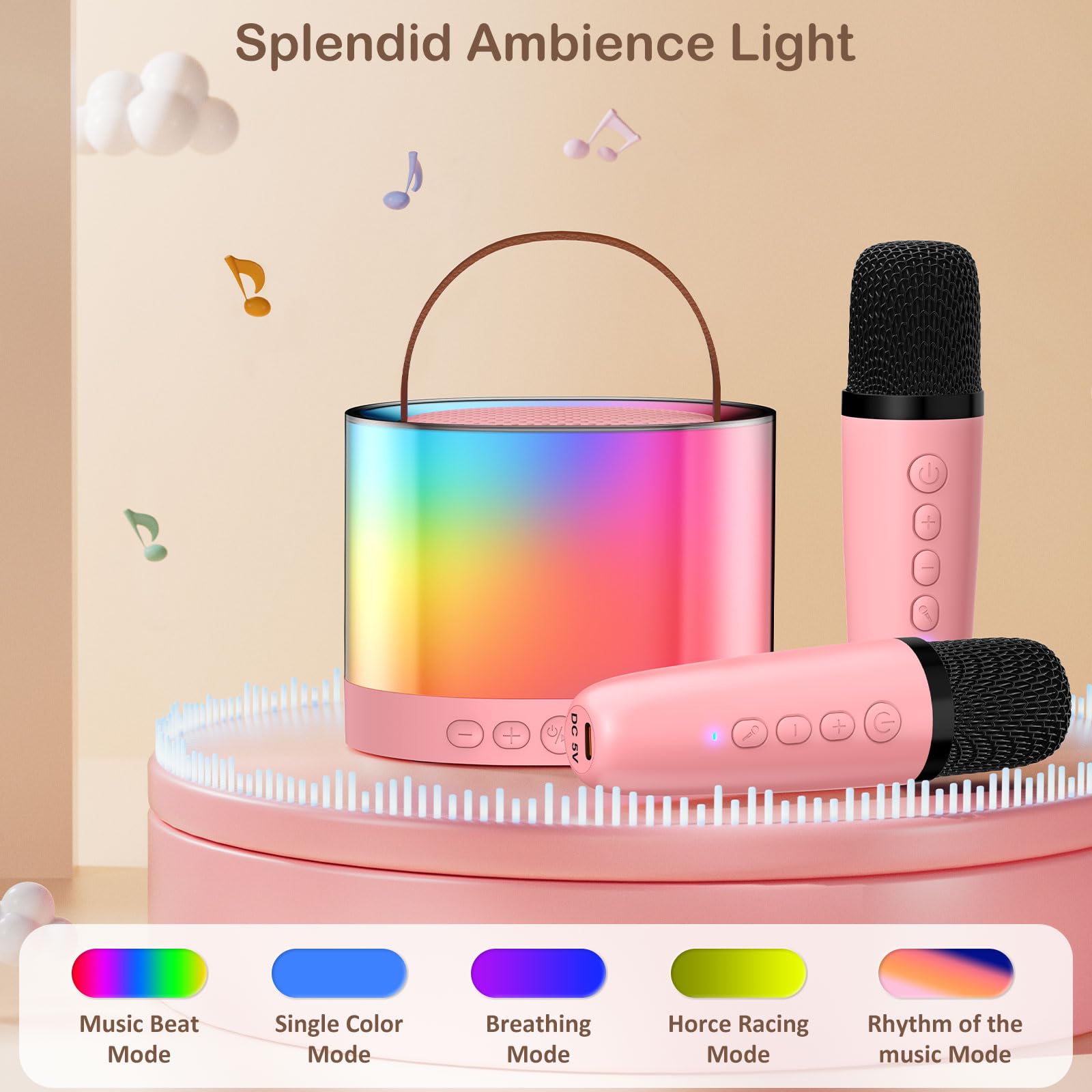 JYX Mini machine de karaoké pour enfants et adultes, haut-parleur Bluetooth portable avec microphone, prise en charge d'entrée TF/AUX/voix magique amusante, cadeaux pour fête d'anniversaire (rose-2Mic