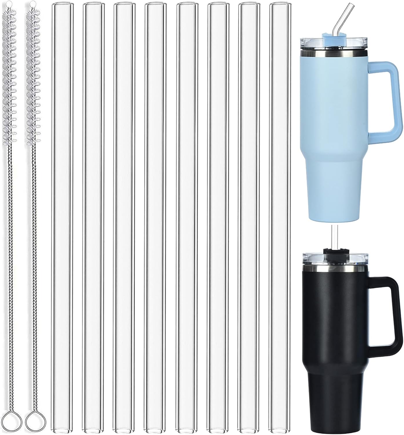 ALINK 8 Pack Replacement Glass Straws for Stanley 40 oz 30 oz Tumbler, 12 in Long Reusable Clear Straws for Stanley Cup Accessories, Half Gallon Bottle, Plus 2 Cleaning Brush