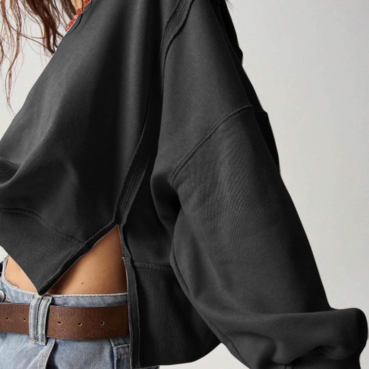 EGUGYDW Womens Crewneck Sweatshirts Cropped Long Sleeve Side Slit Loose Fit Teen Girls 2025 Fall Crop Pullover Tops - Image 3