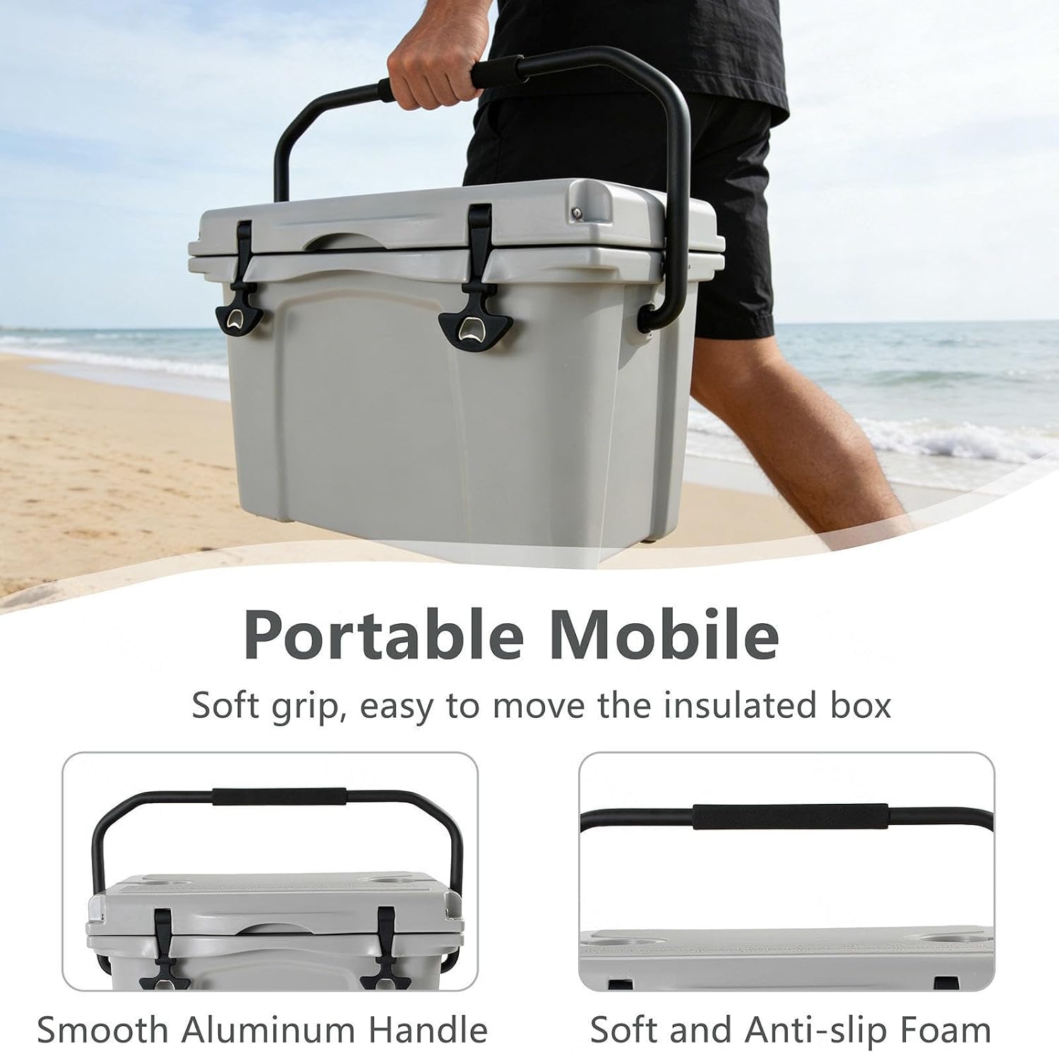 25QT Hard Cooler with Bottle Opener, Cup Holder, Forming Ruler and Portable Handle Outdoor Cooler Box Long-Term Insulation, for Camping, Fishing and Everyday Use