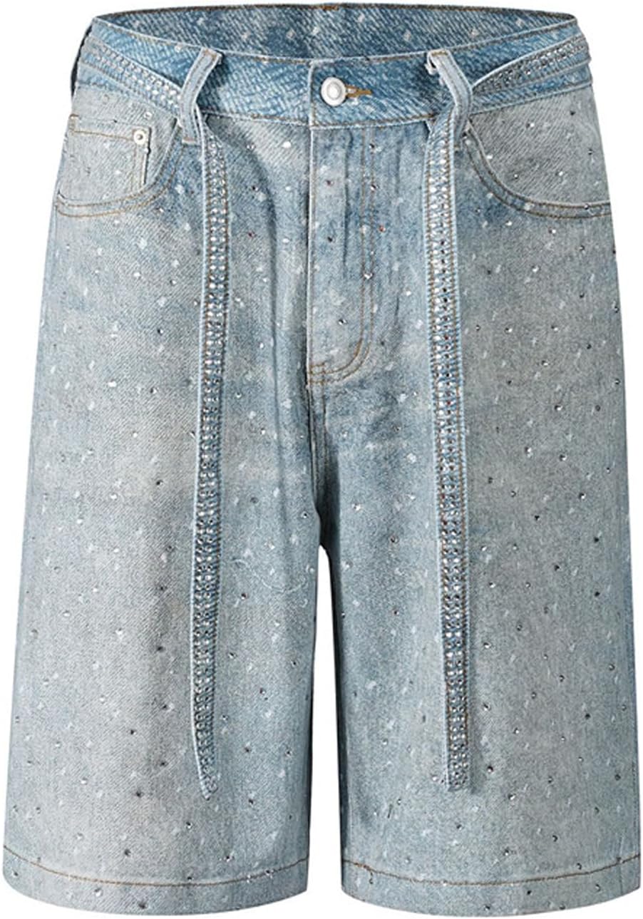 Mens Baggy Rhinestone Denim Jeans Shorts Y2k Oversized Jorts Vintage Loose Fit Shorts Casual Jorts Wide Leg Streetwear