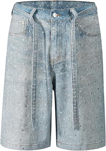 Mens Baggy Rhinestone Denim Jeans Shorts Y2k Oversized Jorts Vintage Loose Fit Shorts Casual Jorts Wide Leg Streetwear