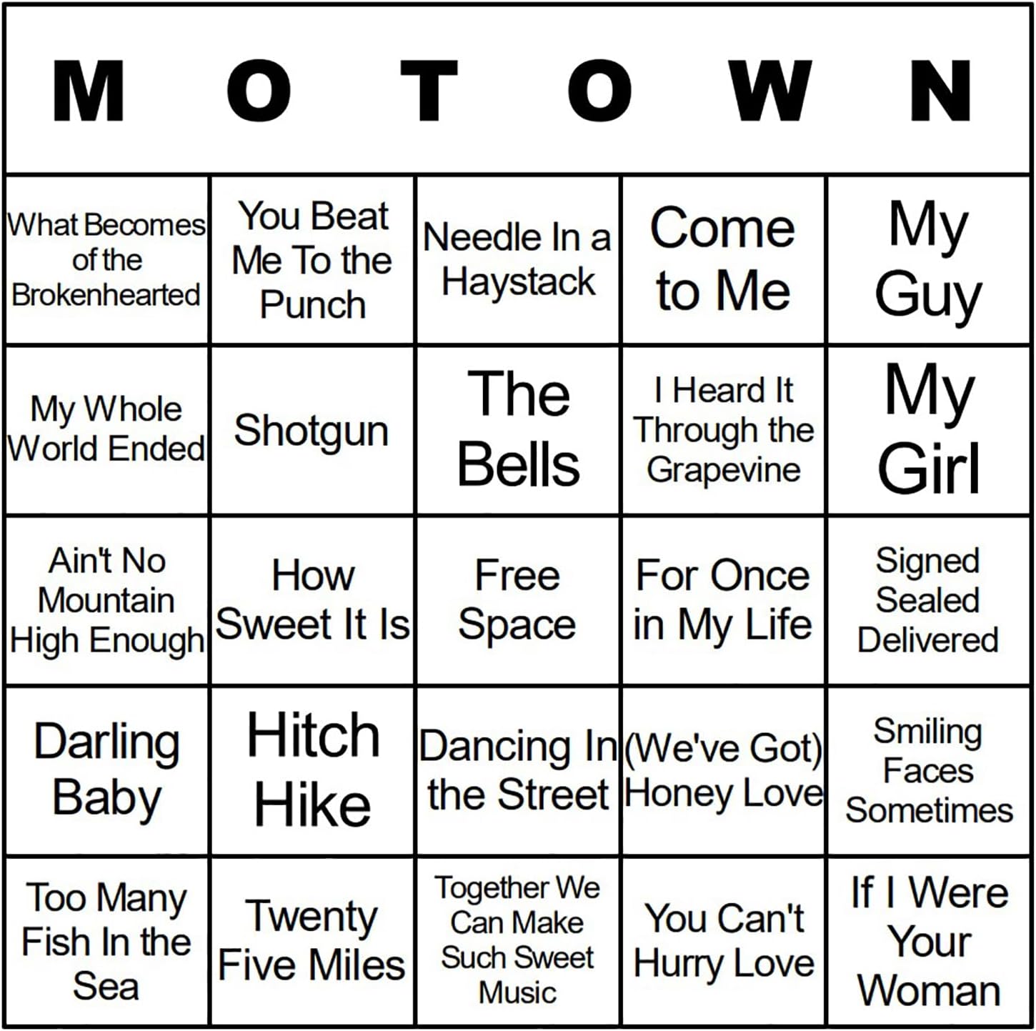 Bangin' Meats CardTunz 100 Music Bingo Cards Printed and Laminated Many Music Types Available (Motown)