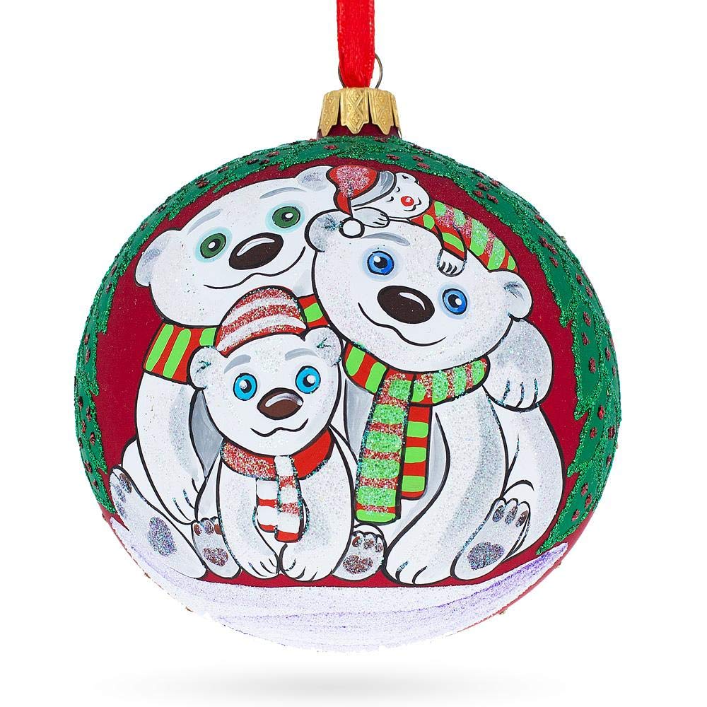 Bola de vidrio soplado de la familia Oso Acogedor para adorno de Navidad de 4 pulgadas.