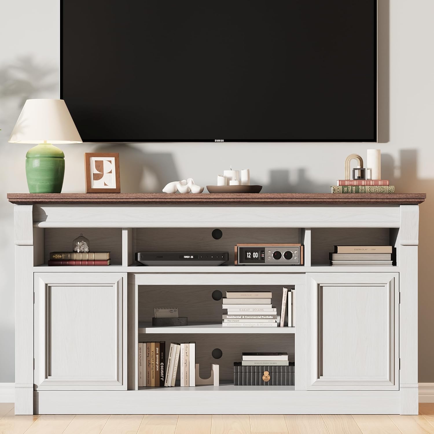 IDEALHOUSE Farmhouse TV Stand for TVs Up to 65", Entertainment Center with Open Storage & Adjustable Shelves, TV Console with Doors for Living Room and Bedroom