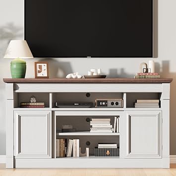 IDEALHOUSE 59" Farmhouse TV Stand for TVs Up to 65", White | Entertainment Center with Open Storage & Adjustable Shelves, TV Console with Doors for Living Room and Bedroom