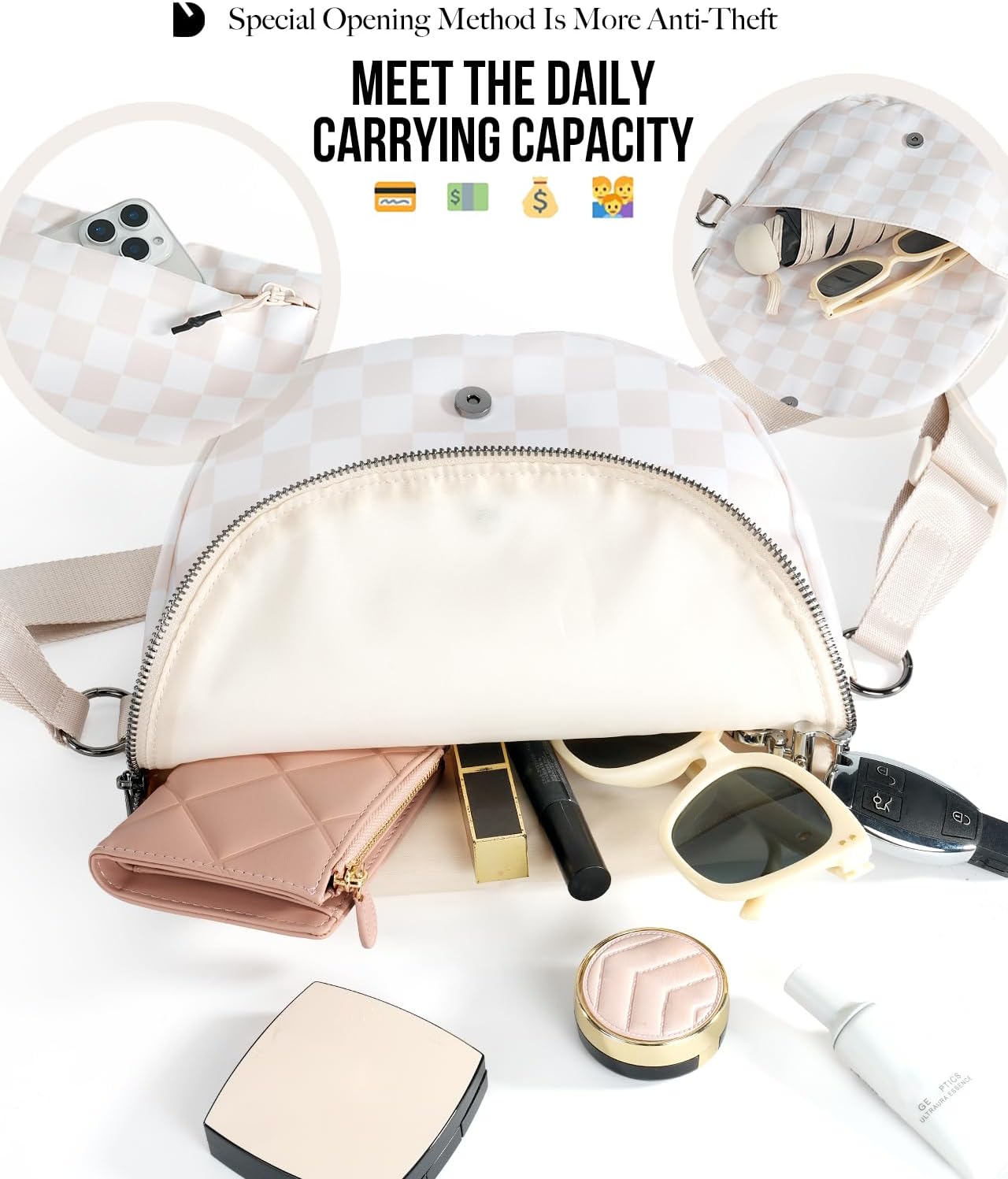 Checkered Crossbody Messenger Bag, Black and White Pattern, Adjustable Shoulder Strap - Image 3