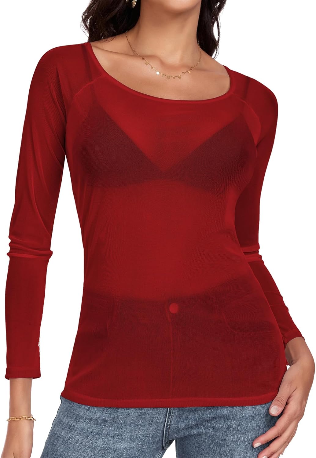 Women Mesh Tops Sheer Shirt Long Sleeves T-Shirt Clubwear Party Sexy Tees - Image 2