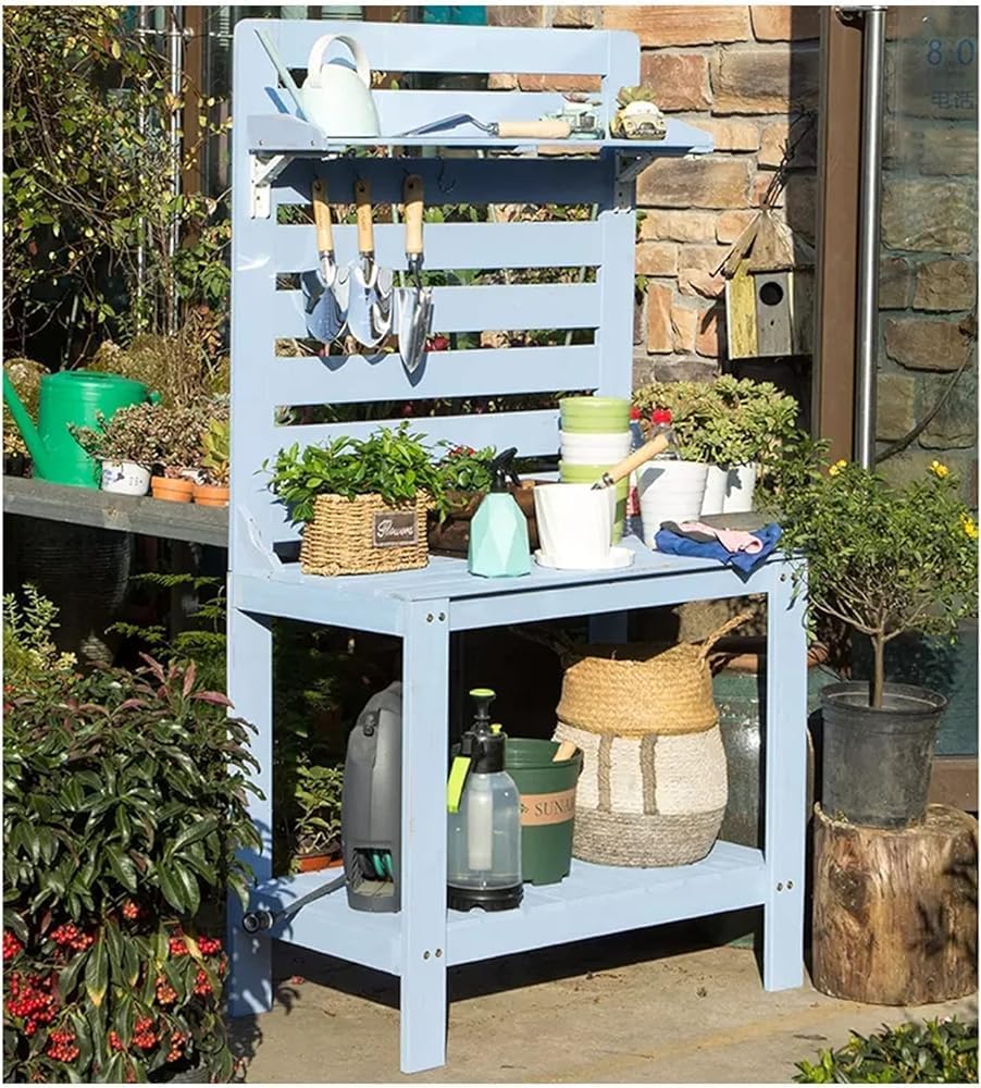Outdoor Solid Wood Potting Bench – Gardening Workstation Table with Hooks for Easy Organization(Size:75 × 45 × 165 cm)