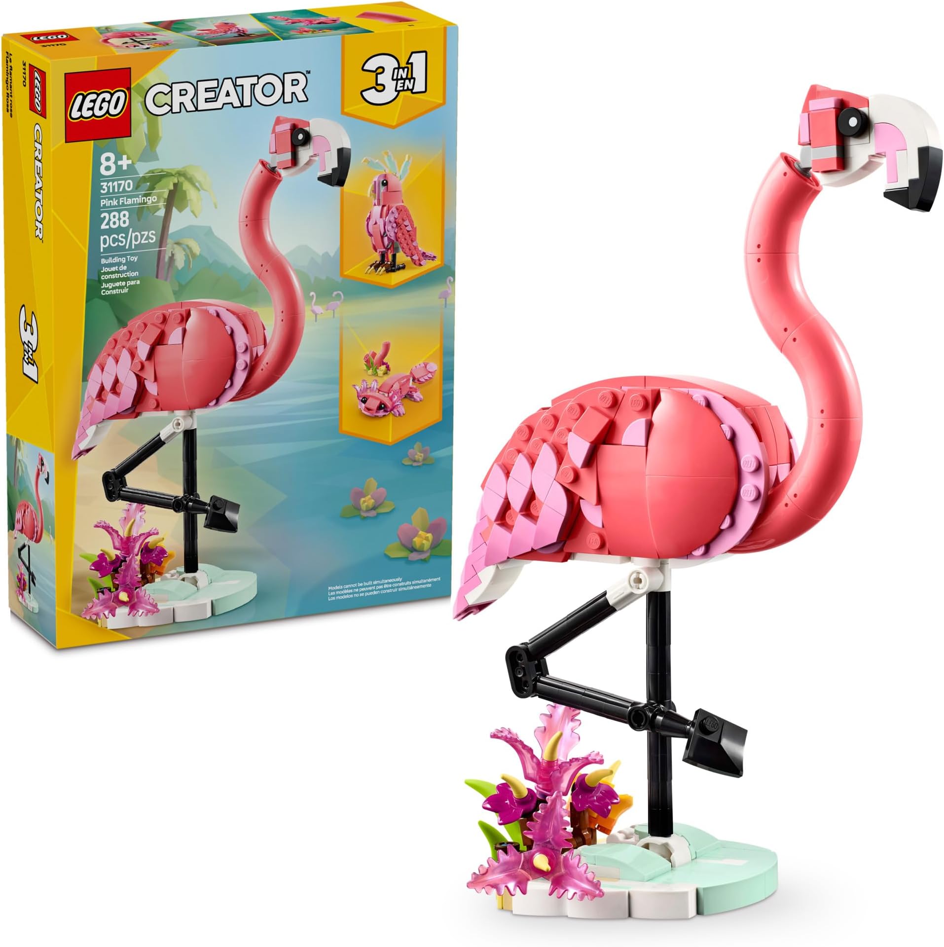 LEGO Creator 3 in 1 Wild Animals: Pink Flamingo Animal Building Toy - Playset with 3 Build Options, Pink Flamingo, Cockatoo, or Axolotl - Learning Toy for Kids, Ages 8+ - 31170