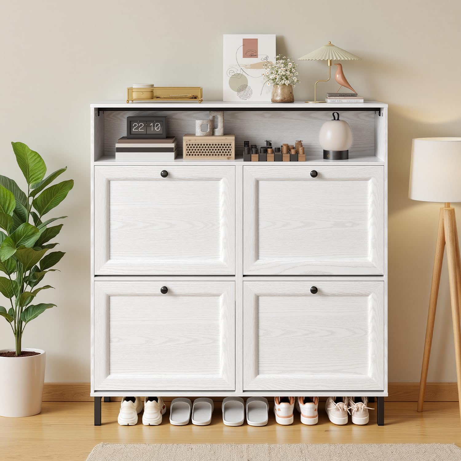 Armario Estrecho para Zapatos, Mueble para Zapatos, Zapatero con 4 Compuertas, 1 Estante Abierto, Divisores Ajustables, para Pasillo, Área de Entrada, 99 x 24 x 108 cm (Blanco)