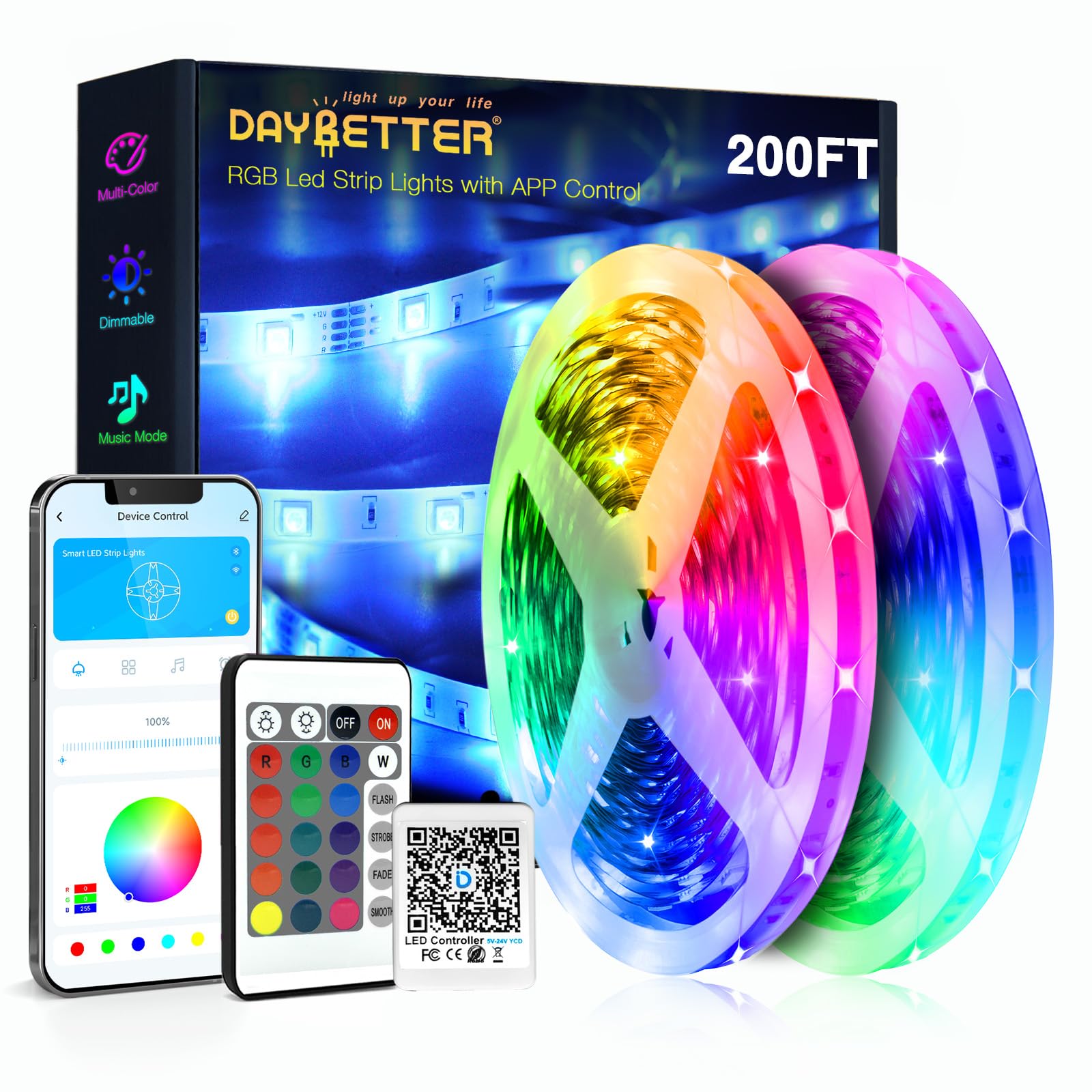 DAYBETTER Led Strip Lights 200 ft (2 Rolls of 100 ft) Ultra Long Smart Light Strips with App Voice Control Remote, RGB Music Sync Color Changing Lights for Bedroom, Kitchen, Party,Home Decoration