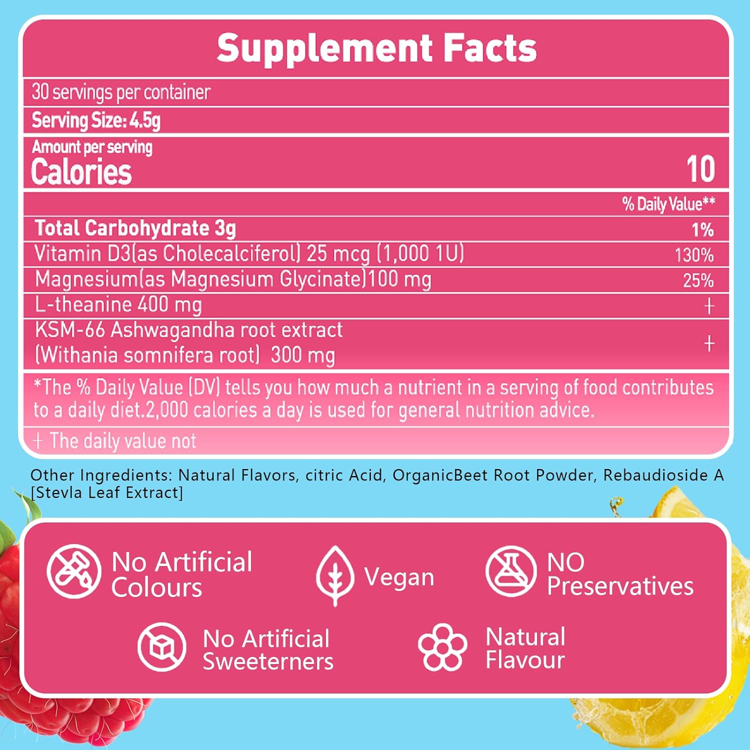 Calm Magnesium Powder, Cortisol Supplements Drink Mix No Sugar for L-Theanine, KSM66 Ashwagandha, Magnesium Glycinate, Vitamin D3, Relaxation, Focus, Raspberry Lemonad, 30 Servings - Image 9