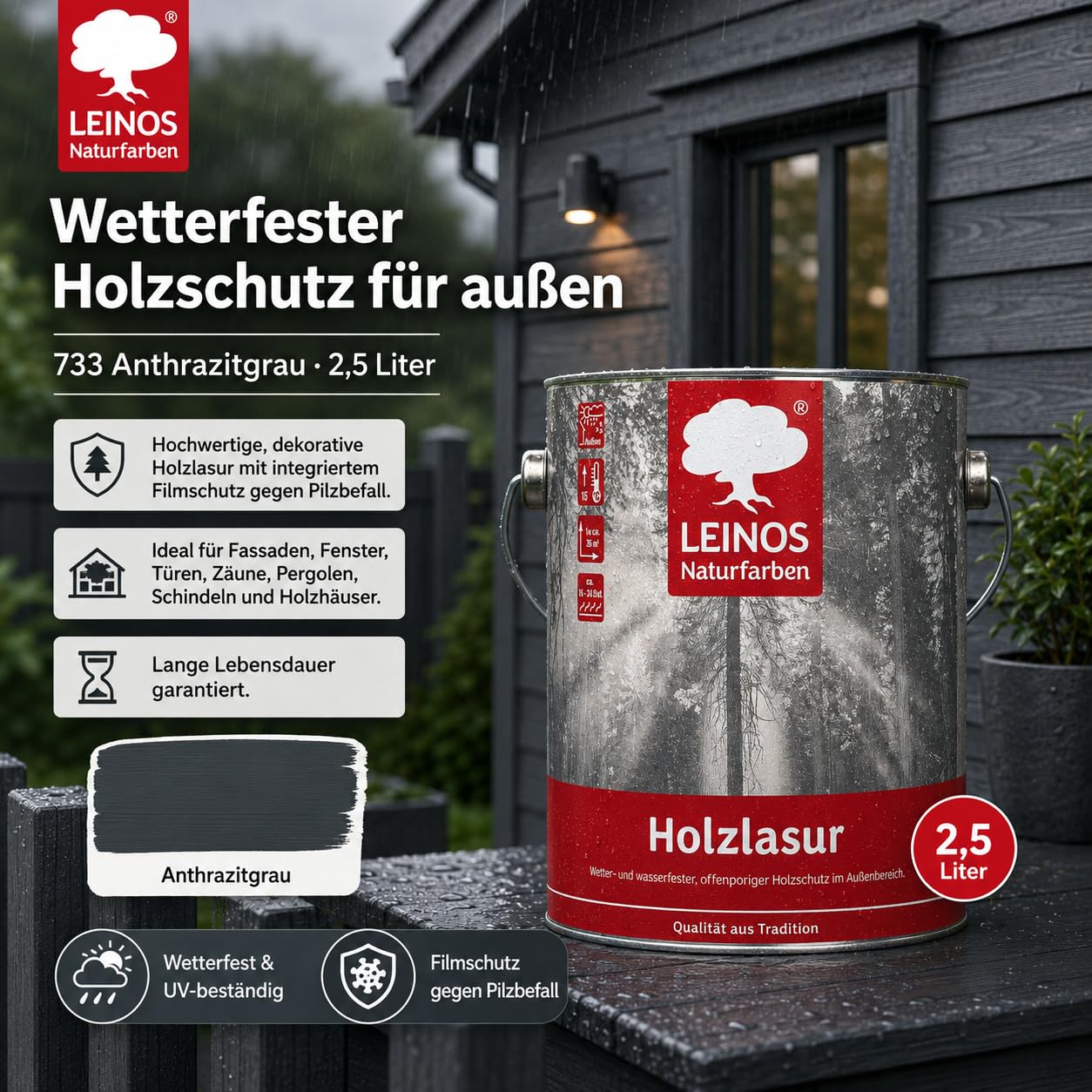 Leinos 260 Barniz para madera para exterior 733 gris antracita 2,5 litros