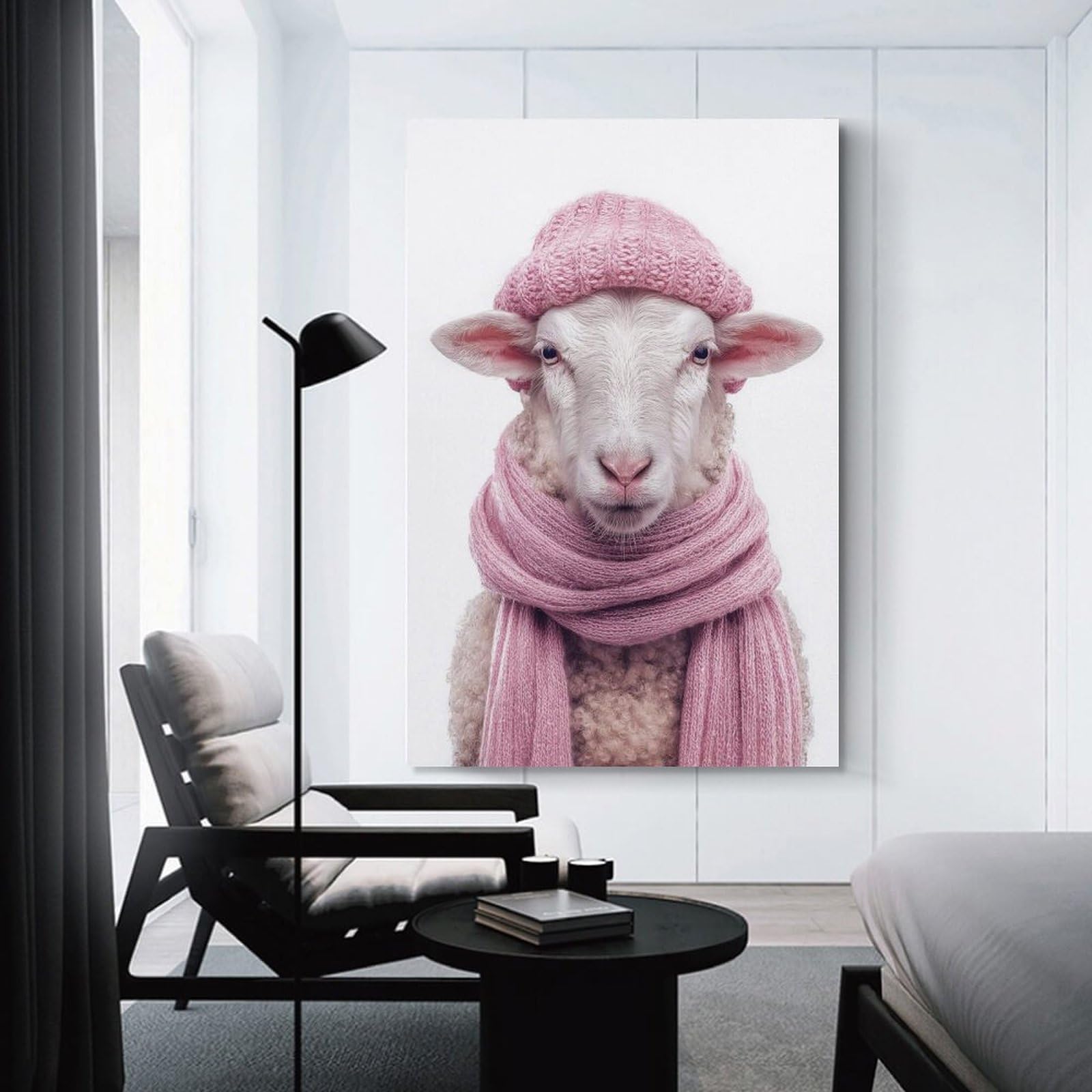 Junmoney Cozy Sheep in Pink Hat And Scarf Wall Art Print 20x30inch(50x75cm), for Hallway, Entryway Or Landing, Wall Decor to Refresh Empty Corners, for Cosy Room Updates