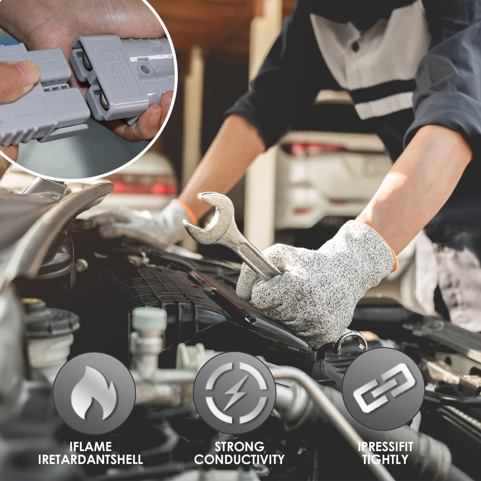 4PCS Connettori di Alimentazione 50A 600V, Connettore per Batteria Connessione Rapidam, mit Capicorda Elettrici, Spinotti Elettrici, per Auto, Rimorchio, Trailer, Verricello (grigio)