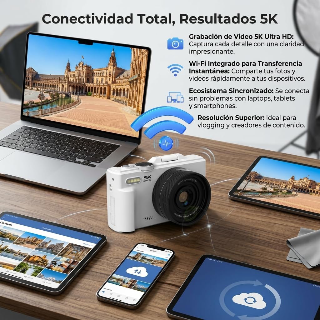 5K Digital Compact Camera Optinexo, Camara Compacta Digital con Zoom 18X y Pantalla Articulada 180 Grados, Tarjeta 32GB Incluida para Viajes y Creacion de Contenido (Negro)