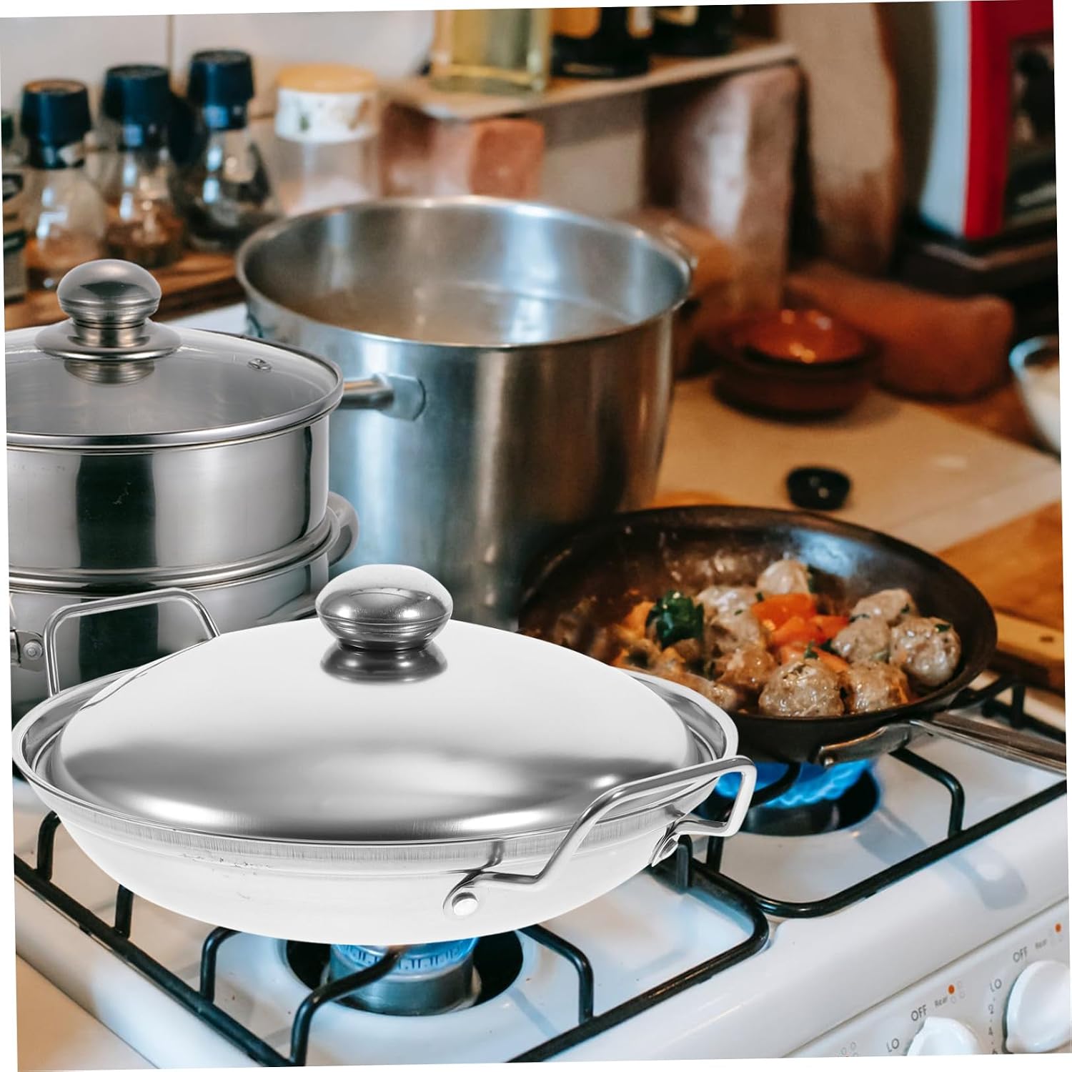 SOLUSTRE Stainless Steel Cooking Pot with Lid Multi-purpose Hot Pot for Home Use Heat-resistant Handle and Dry Cooking