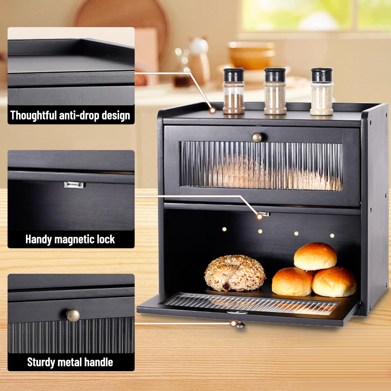 Paneras Para Guardar El Pan Caja Grande De Madera Maciza Doble Panera Madera Para Guardar ReposteríA Con Puerta AcríLica MagnéTica Bread Bin (Negro)
