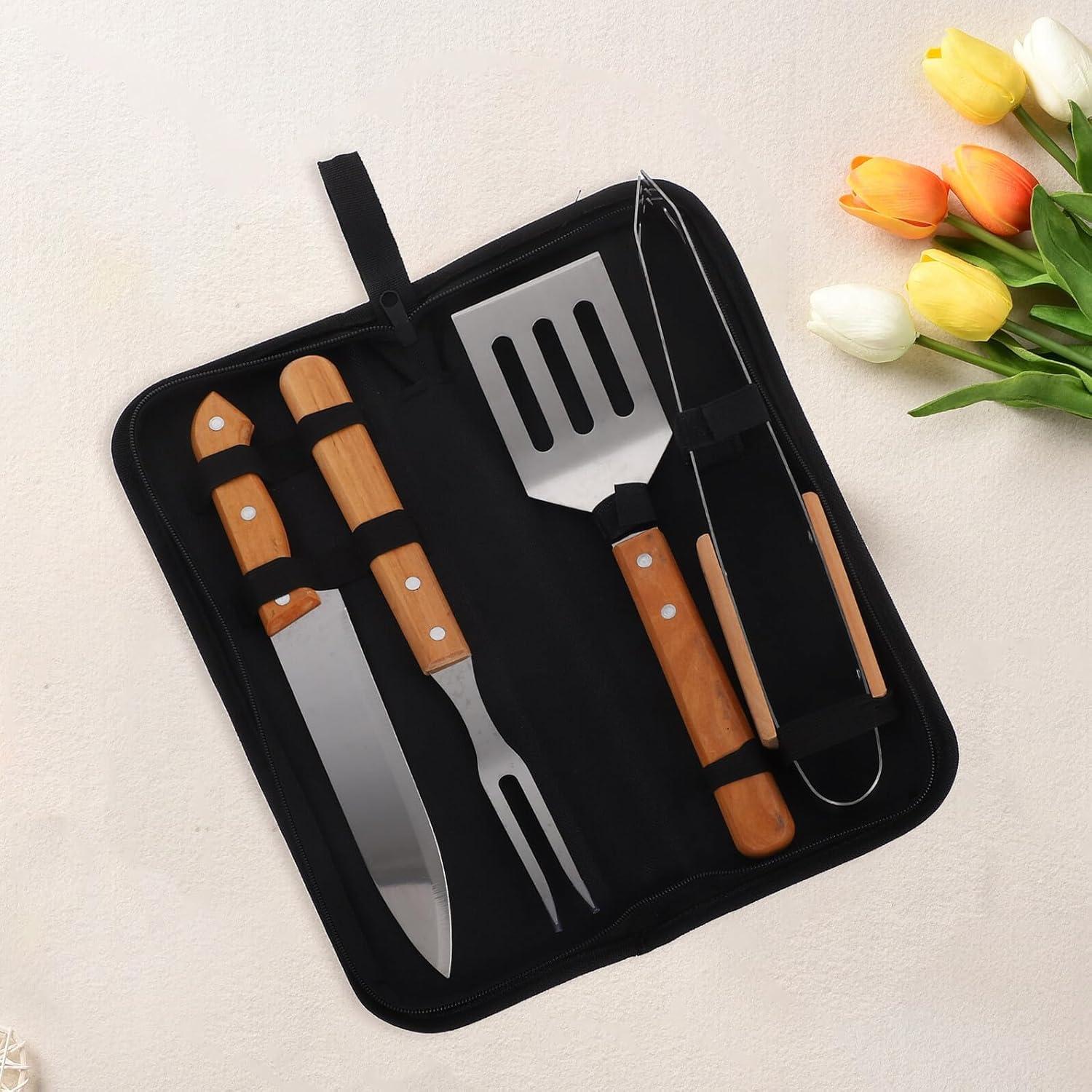 Stainless Steel Barbecue Utensils Set with Wood Handles, 4pcs Outdoor BBQ Grill Tools Kit in Portable Carrying Bag for Picnics Beach Parties
