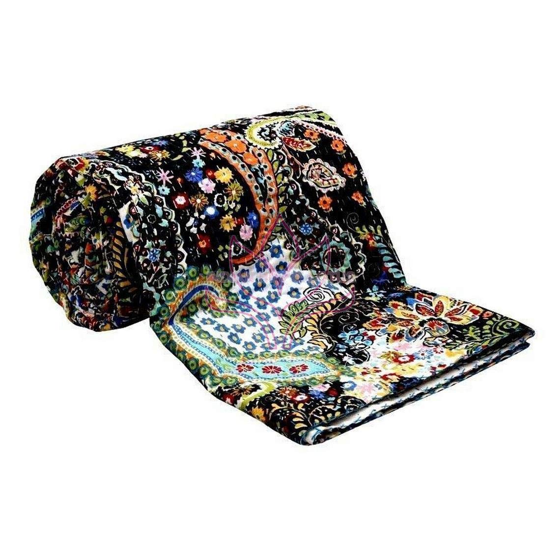 Indian Handmade Kantha Quilt Queen Size Kantha Blanket Indian Cotton Kantha Throw Hand Stitched Kantha Bedspread(90 x 108 Inch)-image-29