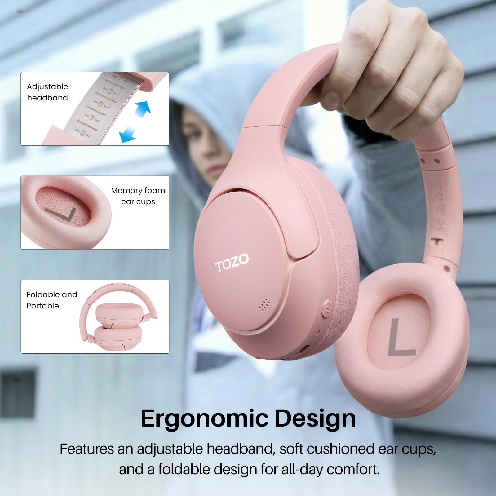 TOZO HT3 Słuchawki Bluetooth z hybrydowym ANC, 5 mikrofonów do wyraźnych połączeń, przestrzenny dźwięk Hi-Res, czas pracy 90 godzin, 32 EQ, połączenie wielopunktowe, składana konstrukcja z kablem 3,5