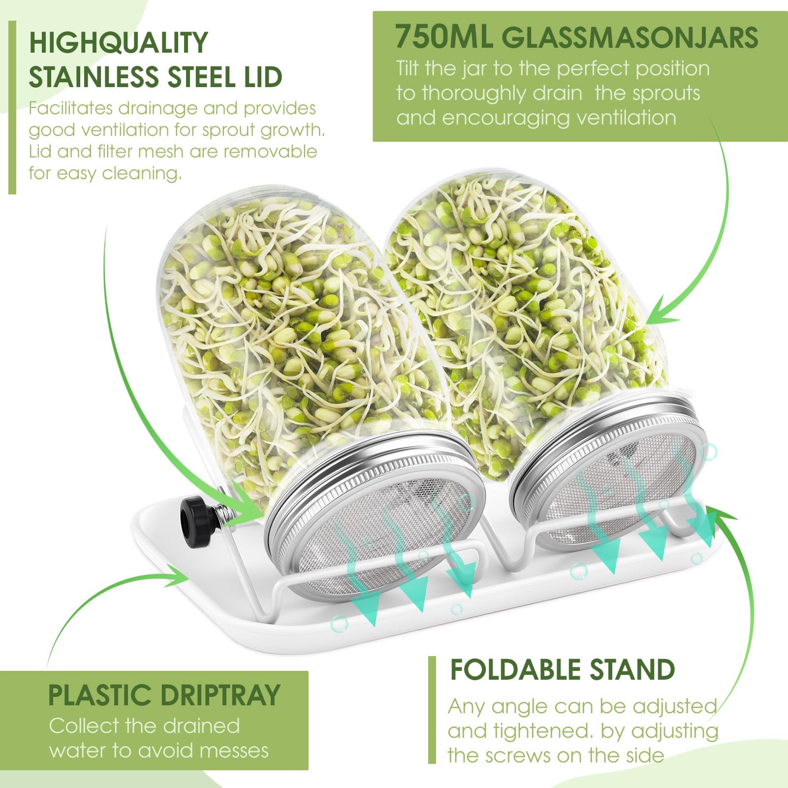 FoiiLiio Barattolo Germogliatore Set, Kit di Barattoli per Germogliamento di Semi, Barattoli Germinazione con Bianco Vaschette di Germinazione per Broccoli, germogli e Semi