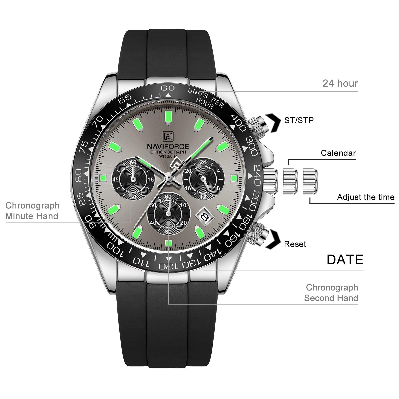 NAVIFORCE Watches for Men,Men's Business Chronograph Wrist Watch, Tachymeter Bezel, Silicone Strap, Date Display, Waterproof 3ATM,Gift - 4