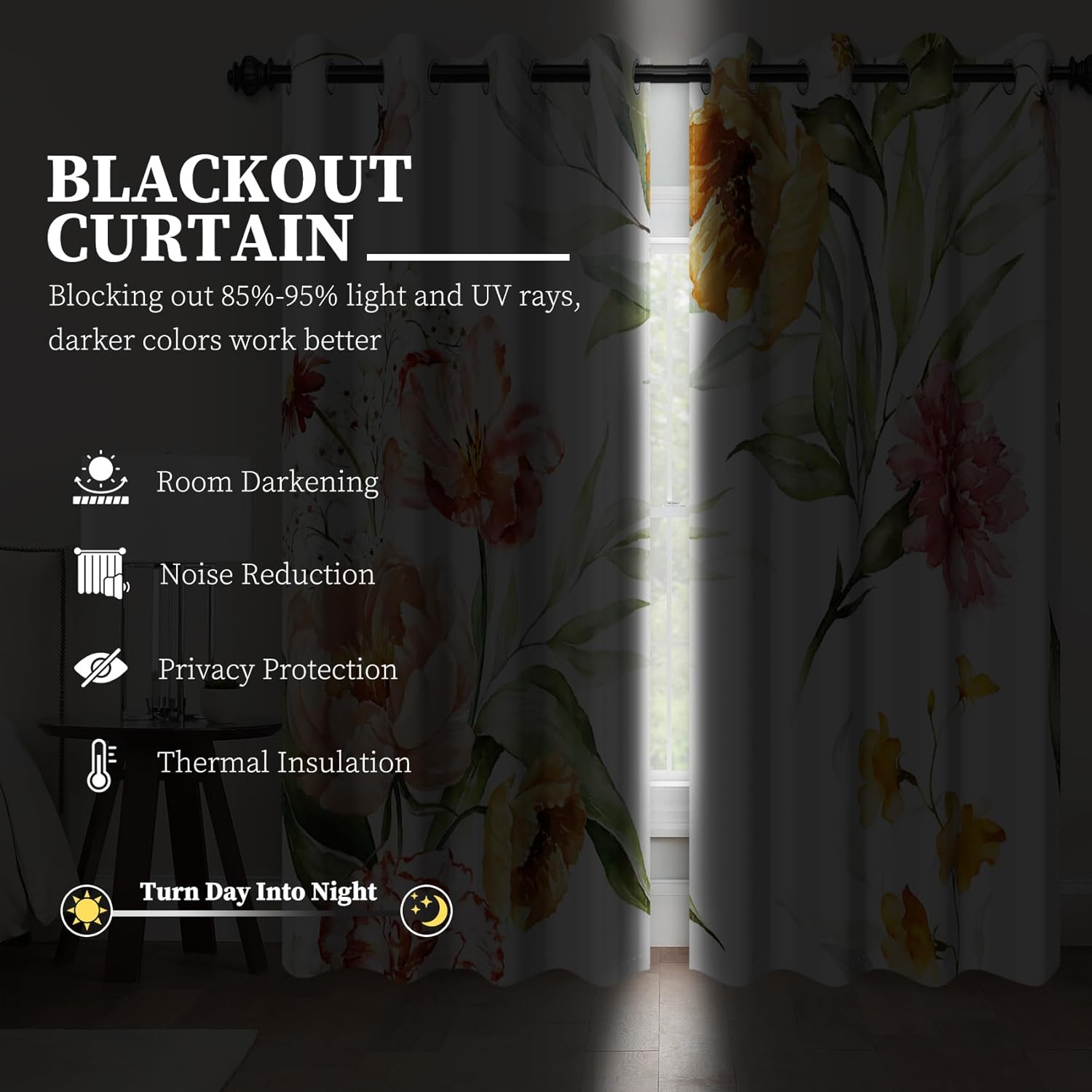 AOFOTO Watercolor Floral Window Curtain Panel, Pink and Yellow Flowers Green Leaves Botanical Blackout Curtains Grommet Top Window Treatments Drapes for Living Room Bedroom 42x84 Inches, 2 Panels