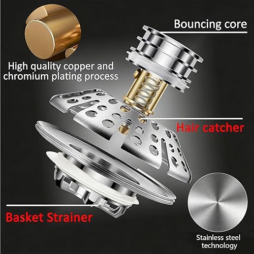 Miniatura 6 de Bathtub Drain Stopper, Pop Up Tub Stopper Plug with Bathtub Drain Hair Catcher Cover, Universal for 1.45 in to 1.8 in Tub Drain, Brushed Nickel