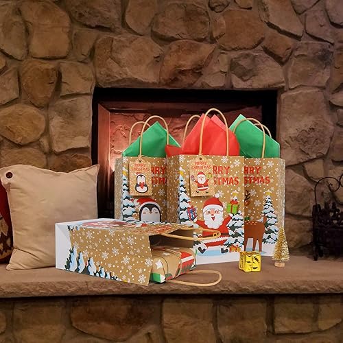 Miniatura 6 de FINGOOO Juego de 24 bolsas de regalo de Navidad, 12 diseños de 6 x 4 x 9 pulgadas, bolsas de papel kraft con asas, etiquetas de papel de seda