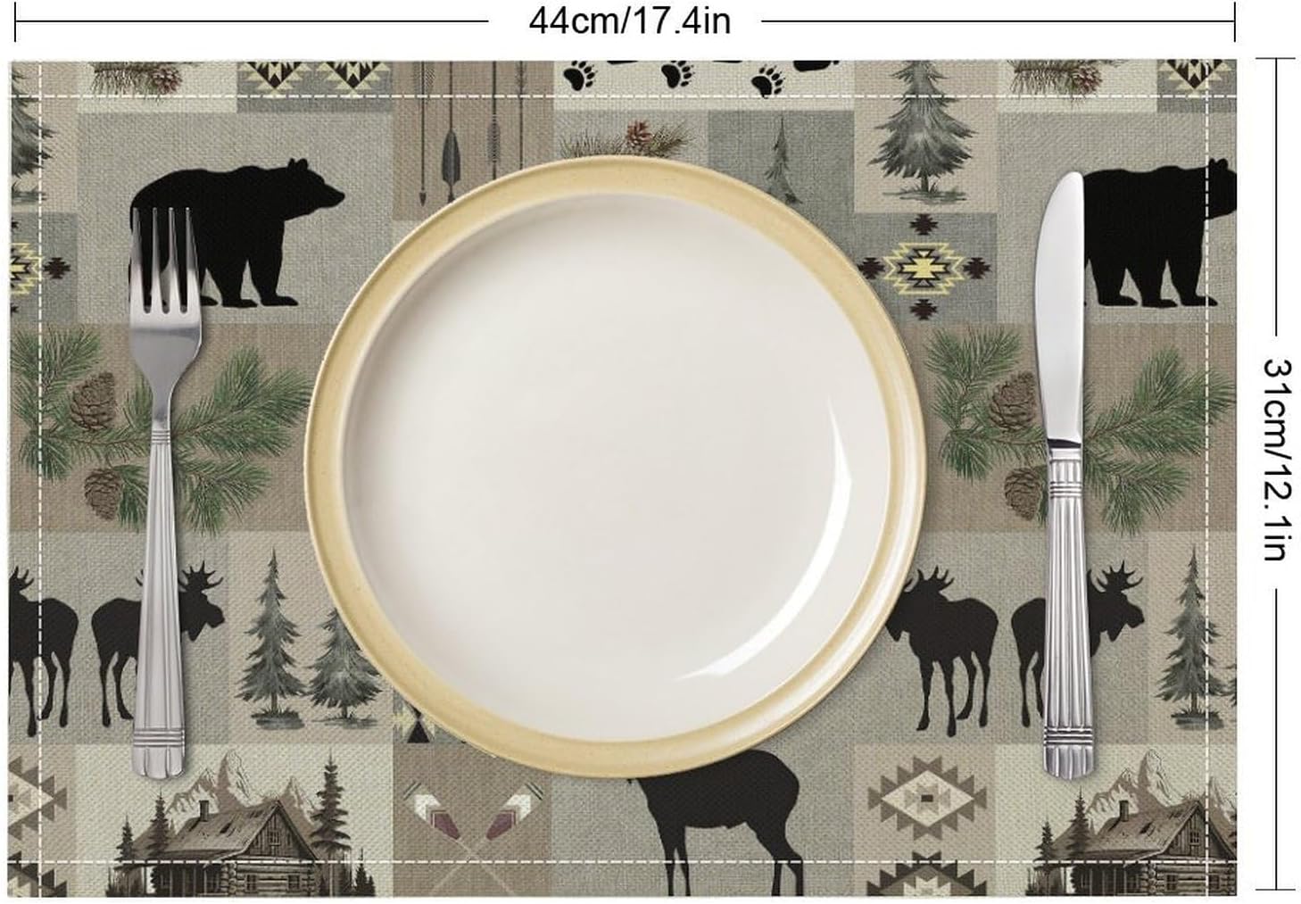 Retro Rustic Lodge Bears Deer Placemats Set of 6, Vintage Cabin Pine Tree Farmhouse Country Style Place Mats, Heat Resistant Non Slip Cotton Linen Dining Table Mats for Home Kitchen 18x12 Inch