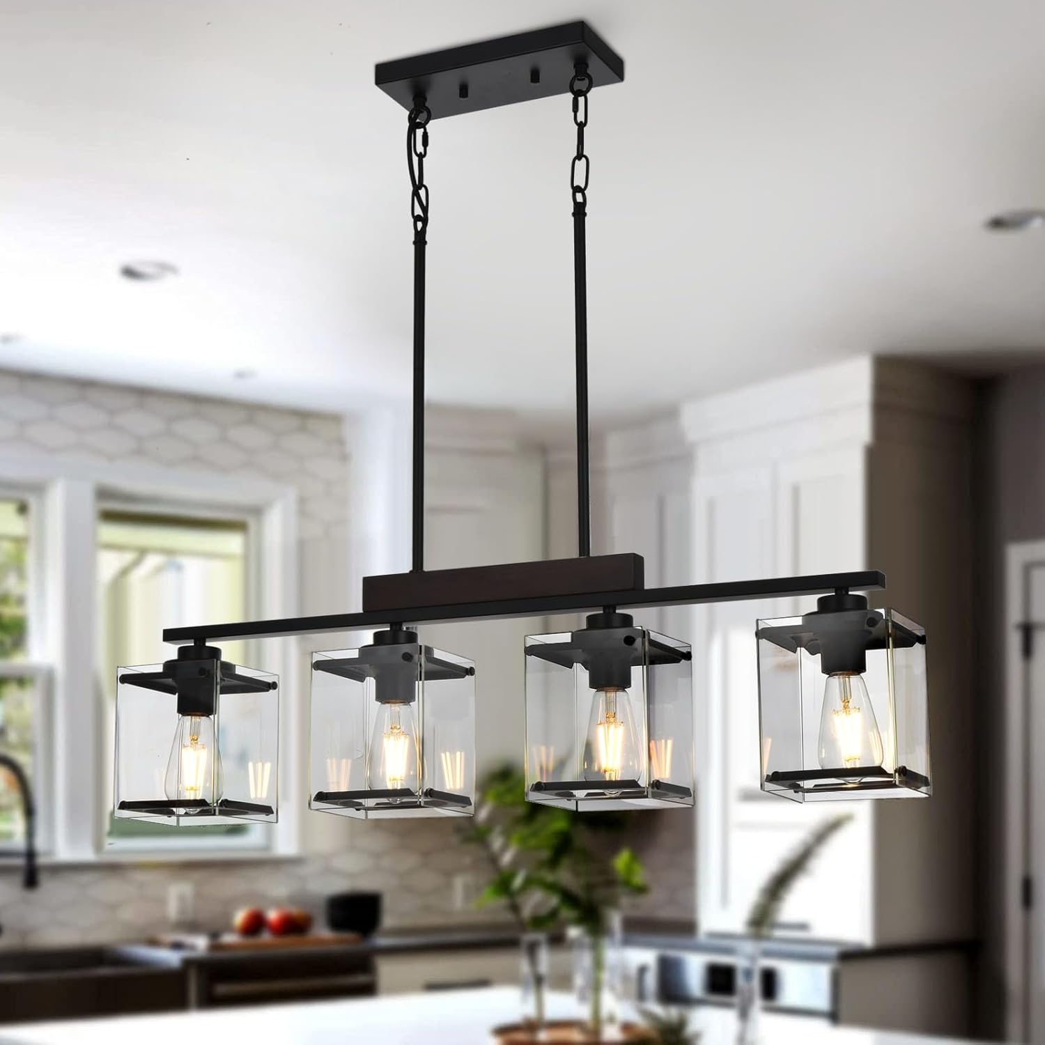 Dining Room Light Fixture/Chandeliers Over Table Kitchen Island Light Ceiling Hanging for Pendant Lighting Rustic Farmhouse Linear Chandelier Above with 4 Clear Glass Shade,Matte Black Metal,Wood