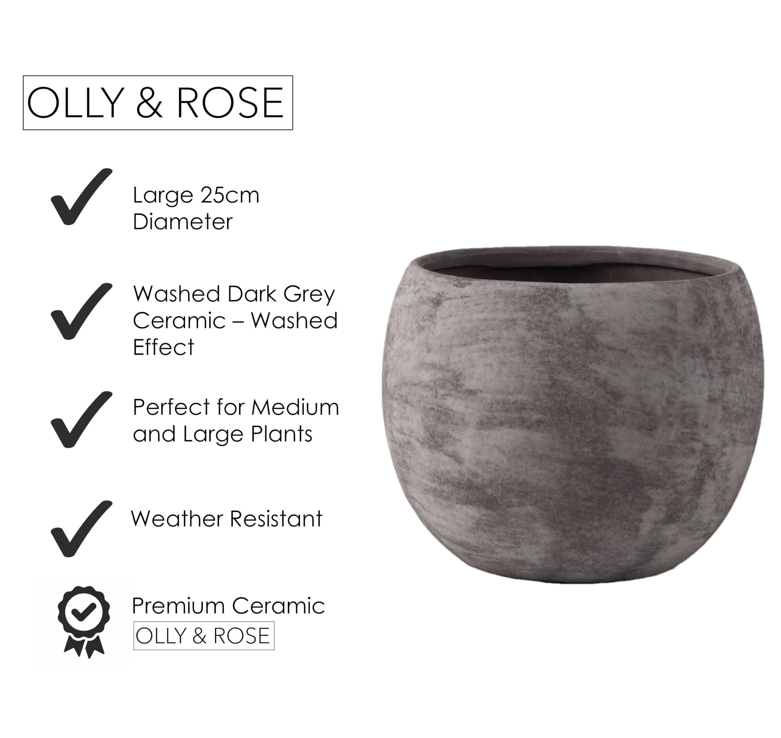 Olly & Rose Pot de fleurs et plantes 25 cm Grand, texturé, finition lavée, pour intérieur et extérieur, anthracite, noir, pot de fleurs