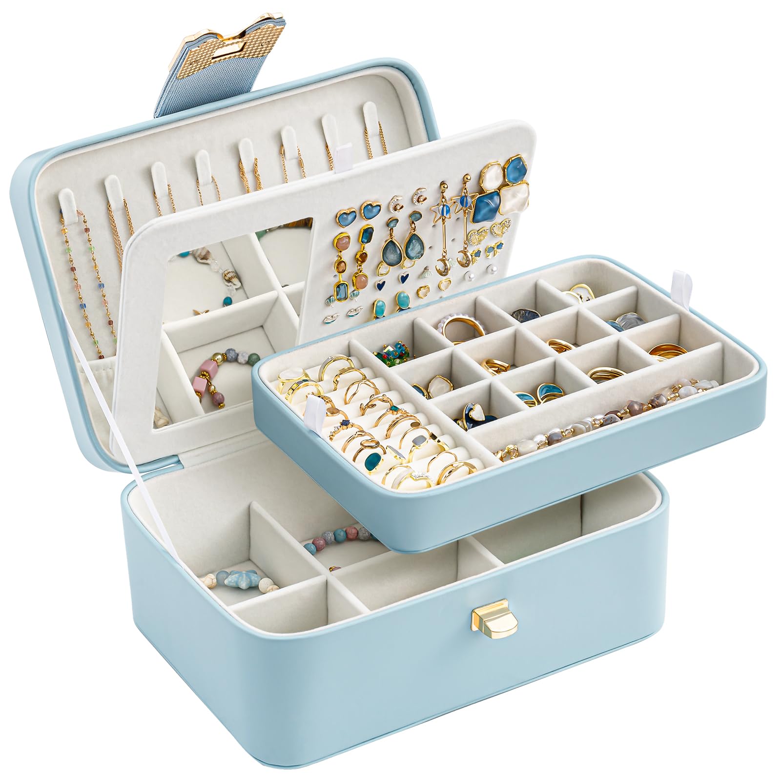 Lolalet Boîte Bijoux Fille, Rangement Bijoux PU Cuir à 4 Couches avec Miroir, Range Bijoux pour Colliers, Boucles d'oreilles, Bracelets -Bleu