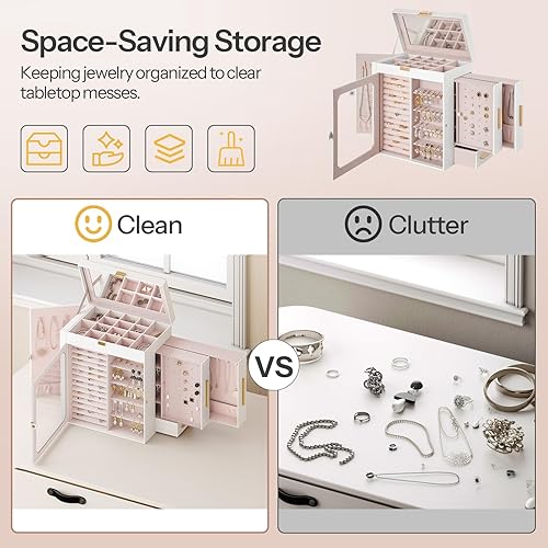 Miniatura 7 de HOOBRO Joyero con espejo, organizador de joyas de viaje con ventana de cristal, estuche de almacenamiento de joyas, almacenamiento vertical, regalo