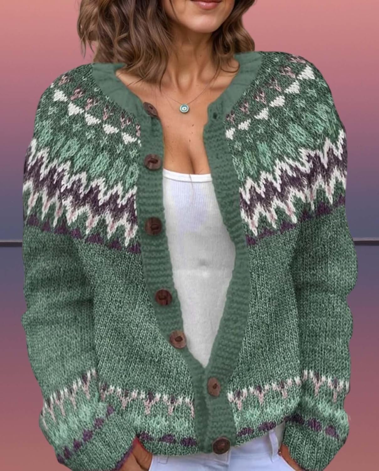 Women's Fair Isle Pattern Knit Cardigan Sweater Vintage Button Down Open Front Jacket Coat for Fall & Winter 2025 - Image 5