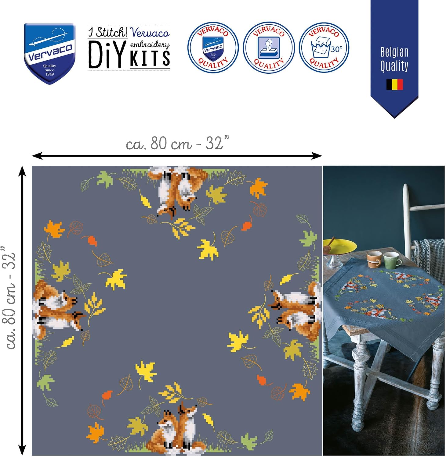 Vervaco Stamped Cross Stitch kit tablechloth Foxes in Autumn, 80x80cm, DIY
