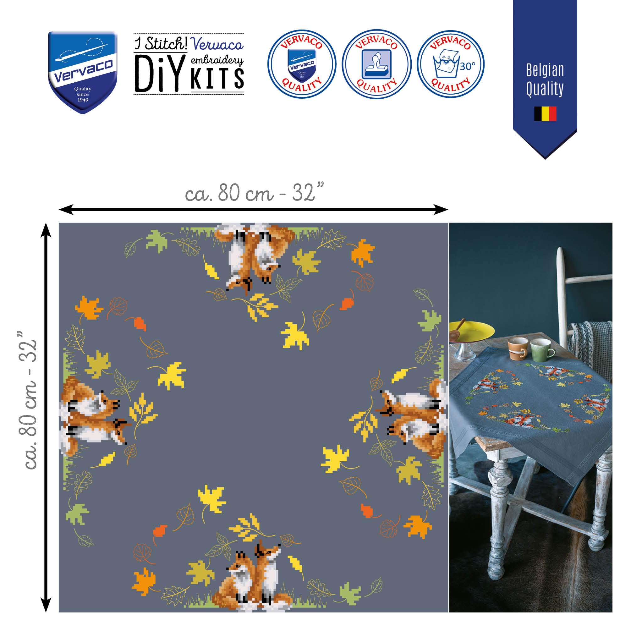 Vervaco Kreuzstich Stickpackungen Tischdecke Füchse im Herbst Stickdecken Vorgezeichnet Basteln Erwachsene Kreativ Set Vorgedruckte Decke Sticken 80 x 80 cm Stickset DIY Sticken Set
