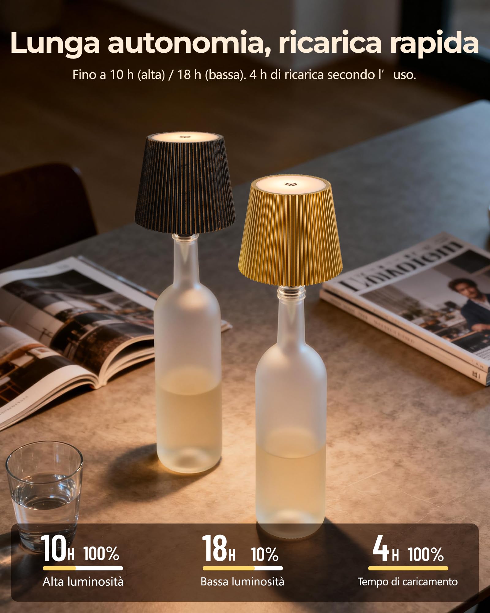 Beaeet Lampada per Bottiglia LED Oro Senza Fili, Touch Dimmerabile 3 Colori, Ricaricabile USB-C, Decorativa per Casa Terrazzo Campeggio Feste Regalo