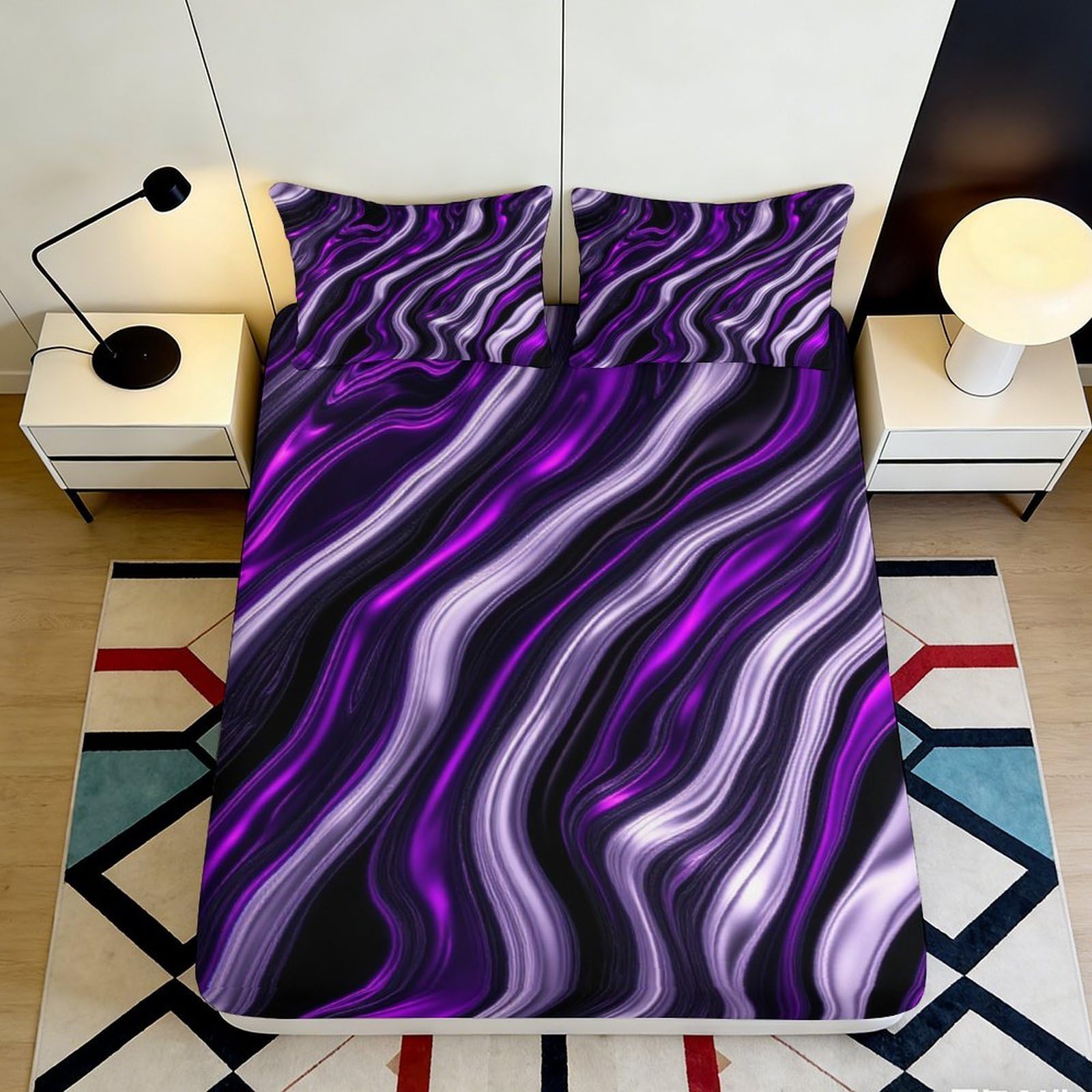 Uynsixtme Style-3 3D Printed Purple Wave Fitted Sheet Microfiber Deep Pocket Non-Slip Bedroom Purple Wave Mattress Fitted Cover Washable 140X200x25cm