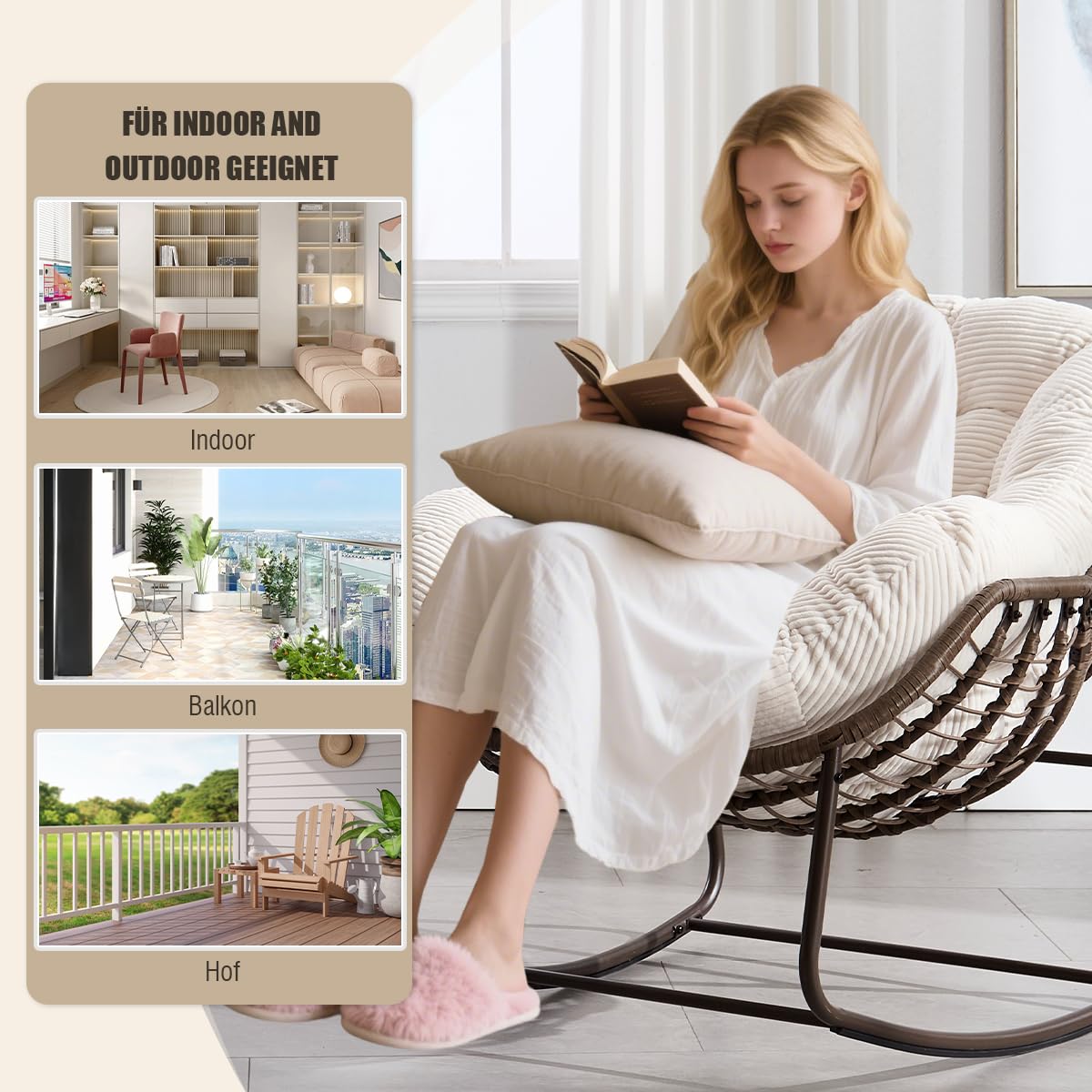 Schaukelstuhl Schaukelsessel mit Rattan, Loungesessel drinnen & draußen, Ei-Schaukelstuhl für Wohnzimmer Balkon Garten Outdoor und Indoor Cord Weiß