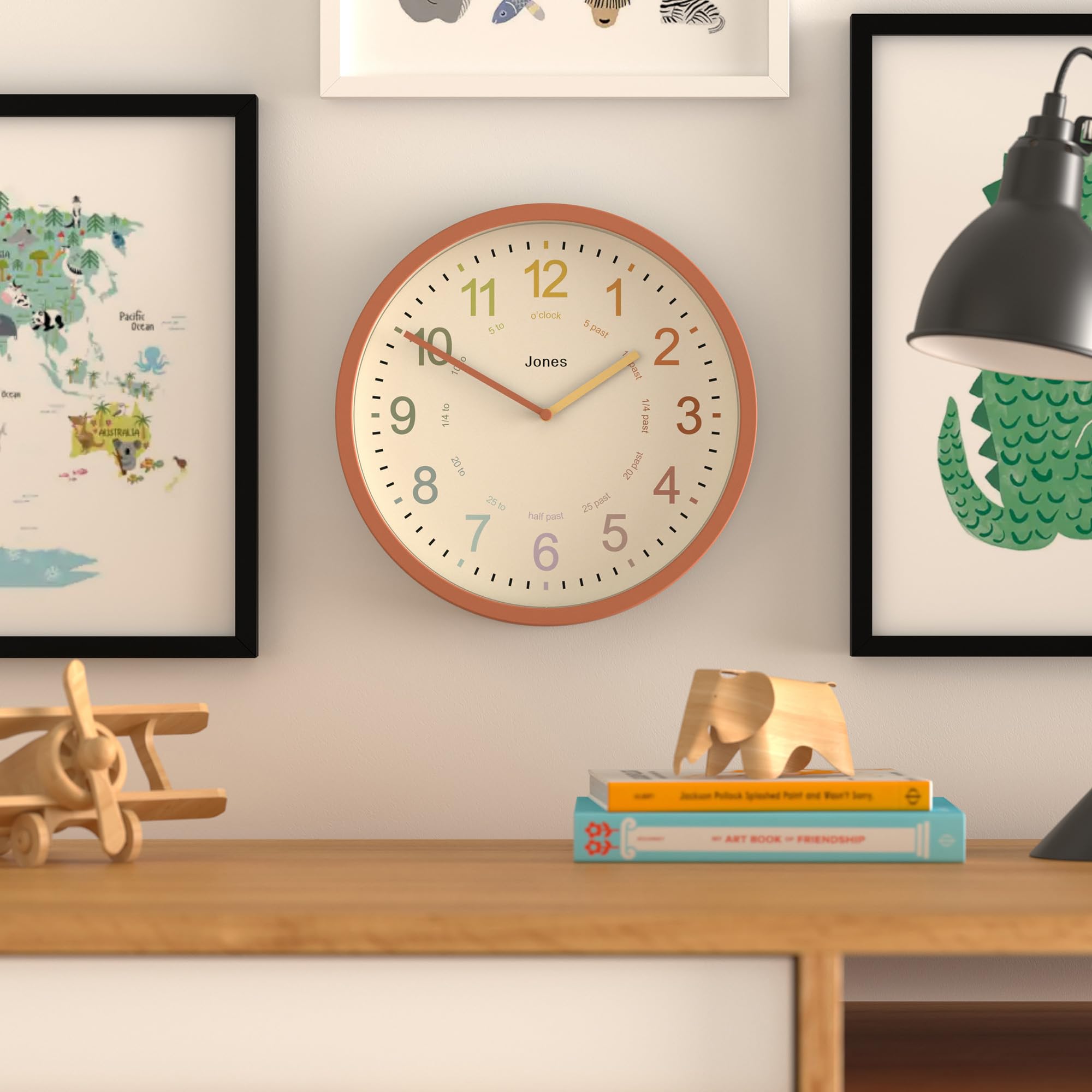 Jones Clocks® Kids wall clock, Terracotta Orange, 25cm x 25cm x 4cm - Image 3