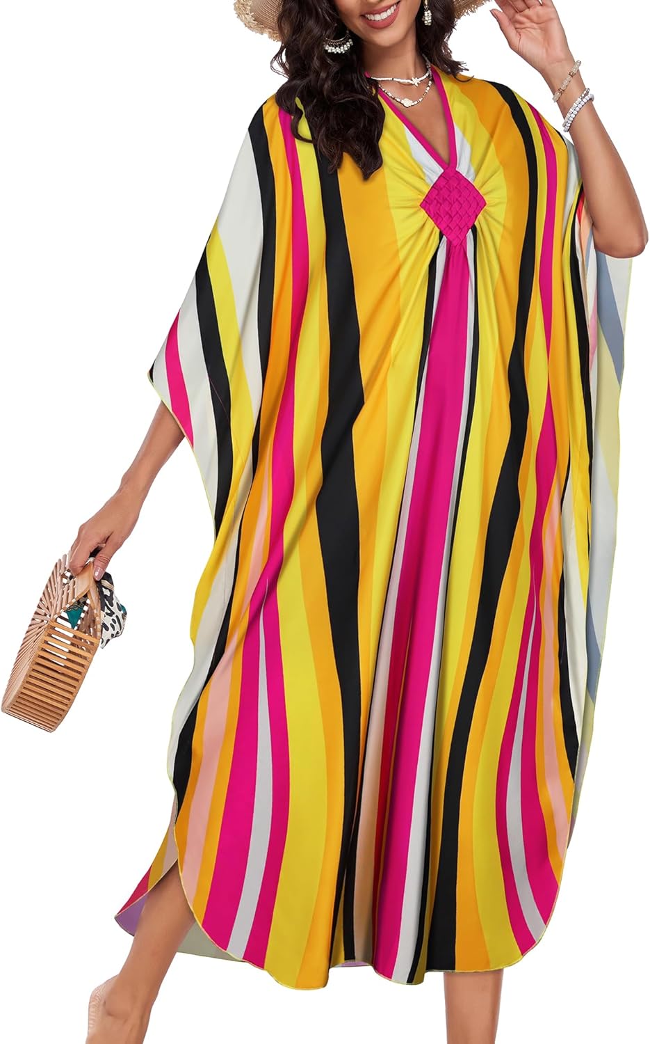 Kaftan Dresses for Women Plus Size V Neck Caftans Long Batwing Sleeve Beach Cover Ups Summer Floral Print Dress - Image 2
