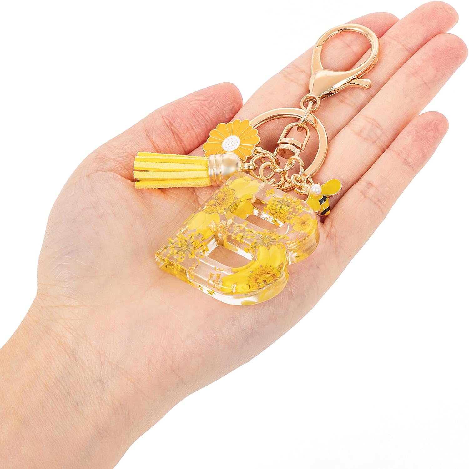 MWOOT Initial Letter Keychain Resin Alphabet Keyrings,Yellow Petals Gold Foil Key Ring Key Chain Charm
