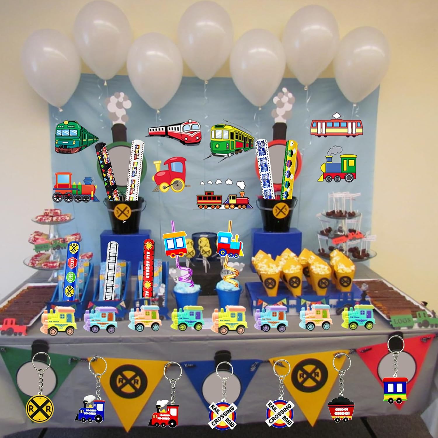 Train Party Favors 122PCS Slap Bracelets DIY Stickers Drinking Straw Keychains Pull-back Vehicle for People Car Theme Birthday Party Car Theme Birthday Party - Image 4