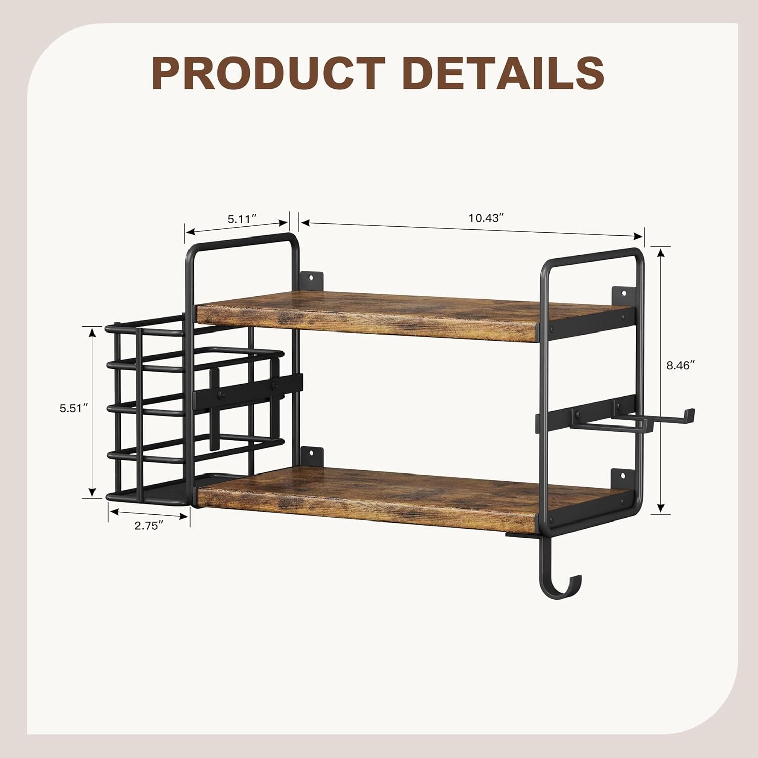 3-in-1 Wall Mounted Hair Dryer Holder with 2 Tier Shelves & Detachable Basket, Space Saving Organizer for Bathroom, Kitchen, Bedroom, Rust-Resistant, Easy Install (Rustic Brown)