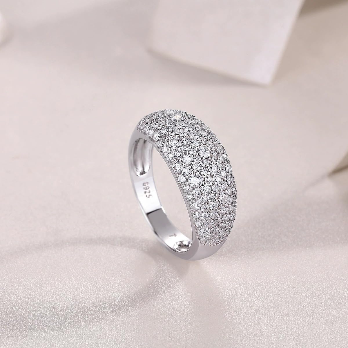 Pave Dome Ring, Sterling Silver, Moissanite, Cocktail Statement Band.